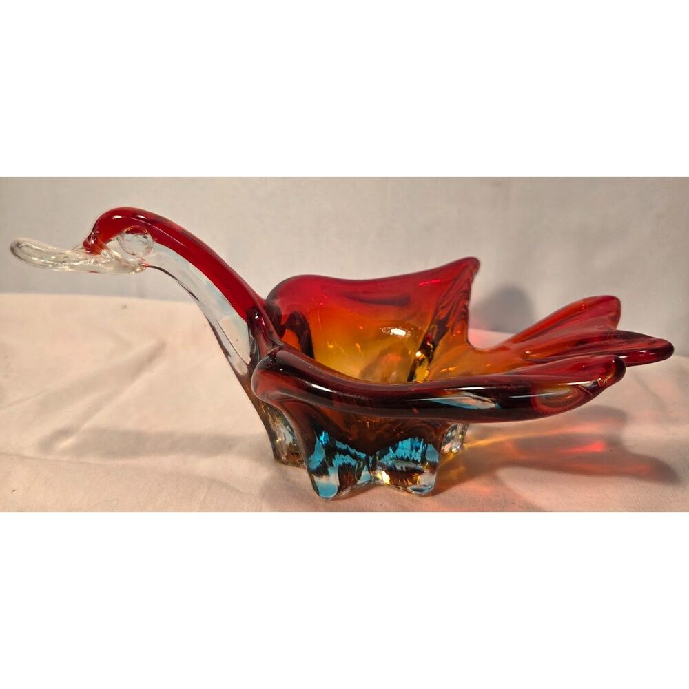 Vintage Murano Style Art Glass Swan Bowl Red Amber Blue Hand Blown